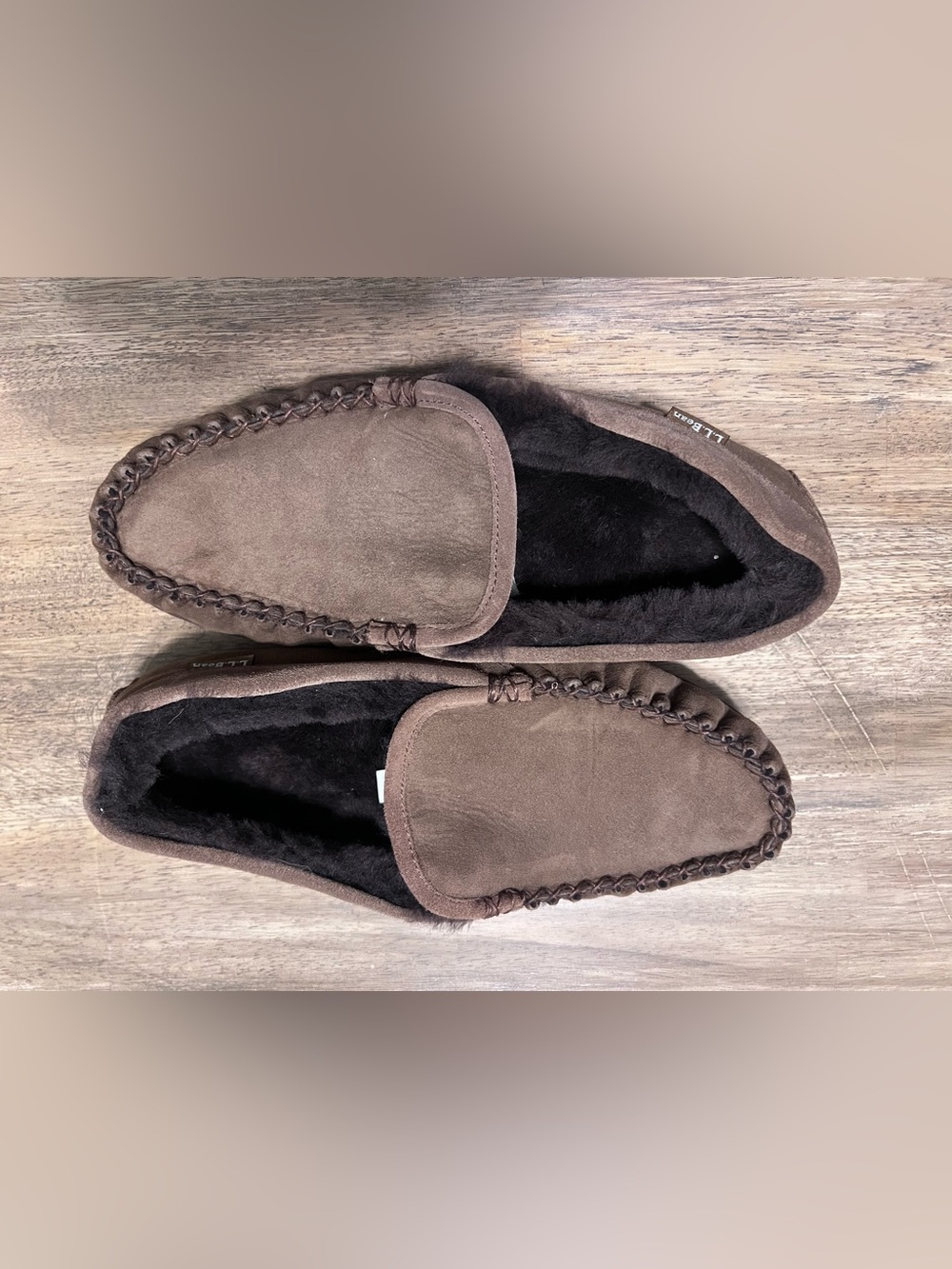 L.L. Bean Men's Brown Suede Moccasin Slippers with Black Plush Lining